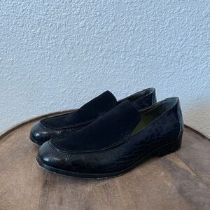 Lou Black Crocodile Embossed Leather Calf Suede Frankie Loafers Women's Size 8